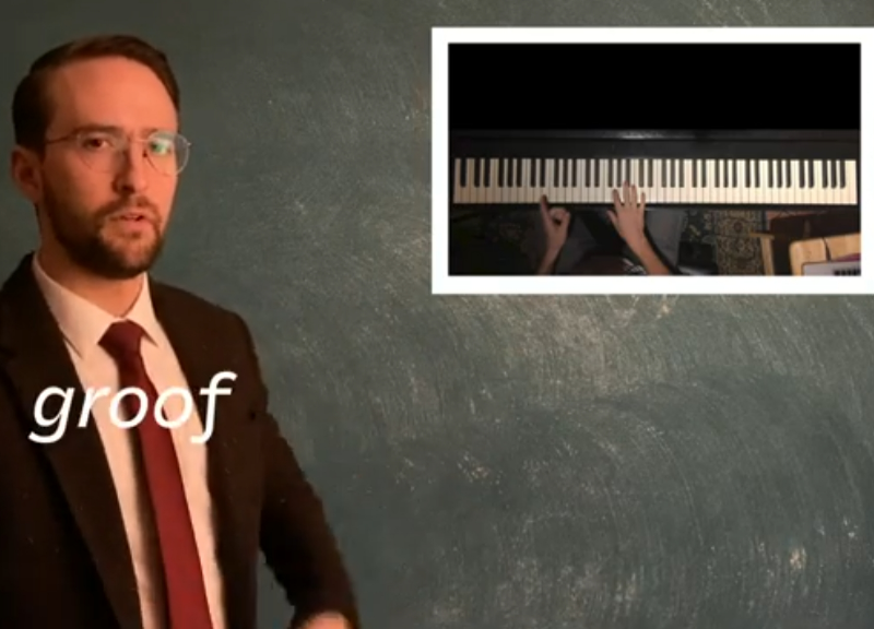 woody goss from vulfpeck with the word "groof"