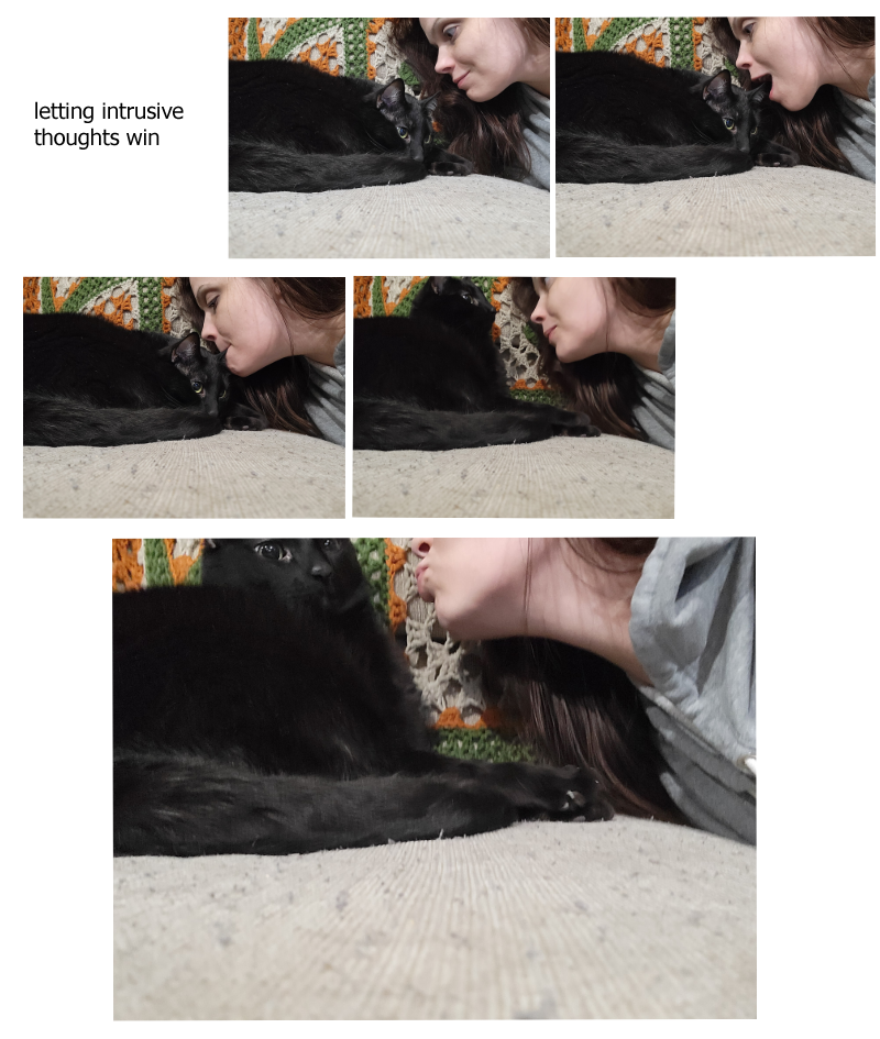 irl comic titled "letting the intrusive thoughts win". human has a really weird interaction with their cat where she gently puts her mouth on the cats ear for a second. and then tries to kiss the cat but cat says nah.