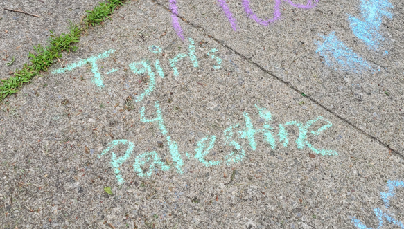 chalk on sidewalk that reads "t-girls 4 palestine"